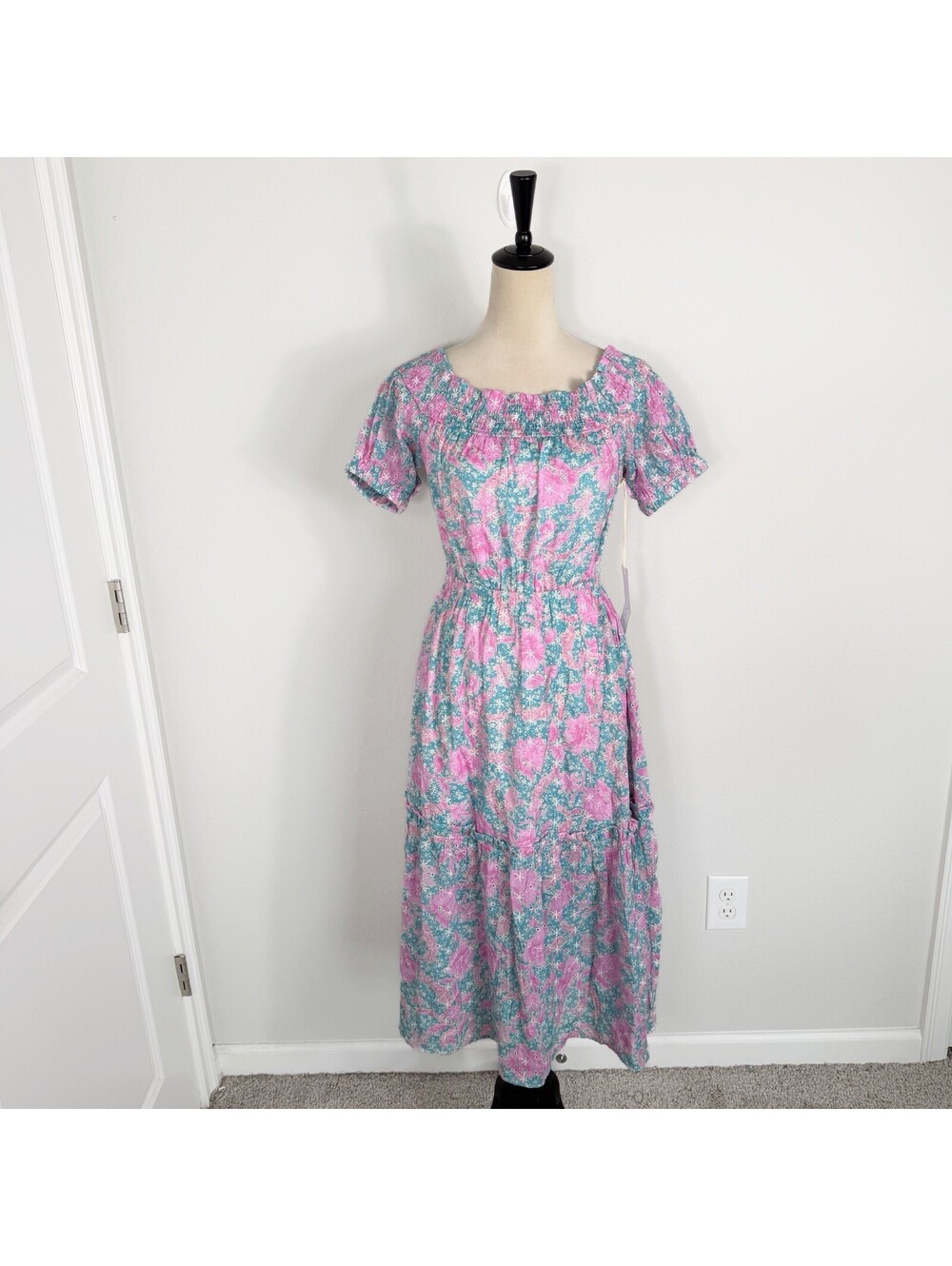 NWT Lumière Women’s Blue Pink Floral Midi Dress Eyelet Garden Prairie Small